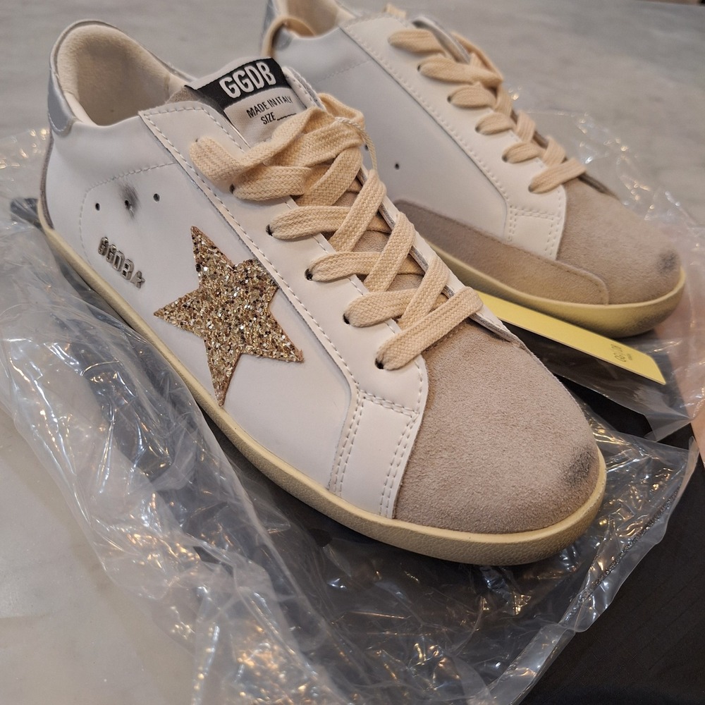 New Golden Goose Super-Star Sneakers Sz 40 (9-9.5)White Gold Glitter Star LowTop